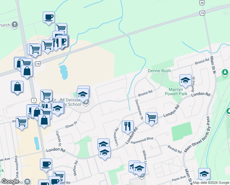 map of restaurants, bars, coffee shops, grocery stores, and more near 222 Forsyth Road in Newmarket