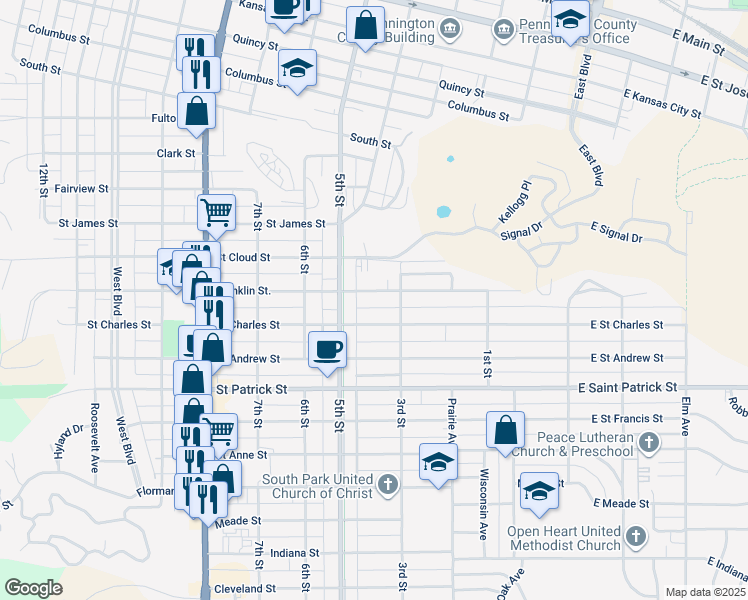 map of restaurants, bars, coffee shops, grocery stores, and more near 333 Franklin Street in Rapid City