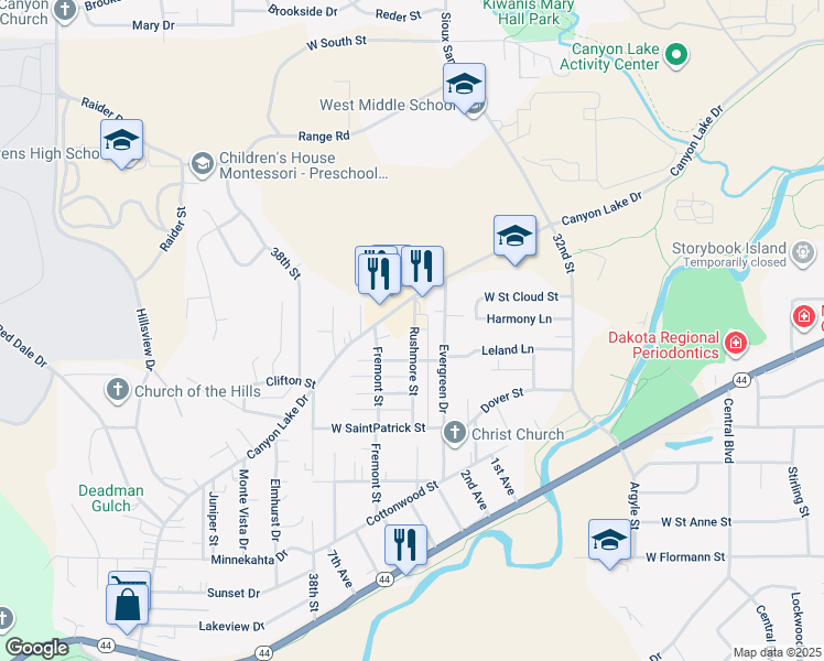 map of restaurants, bars, coffee shops, grocery stores, and more near 1634 Rushmore Street in Rapid City