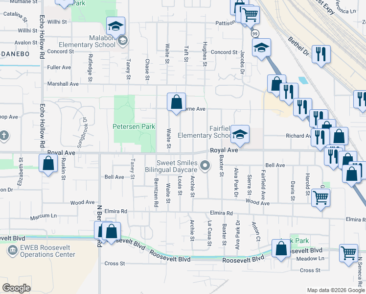 map of restaurants, bars, coffee shops, grocery stores, and more near 825 Louis Street in Eugene