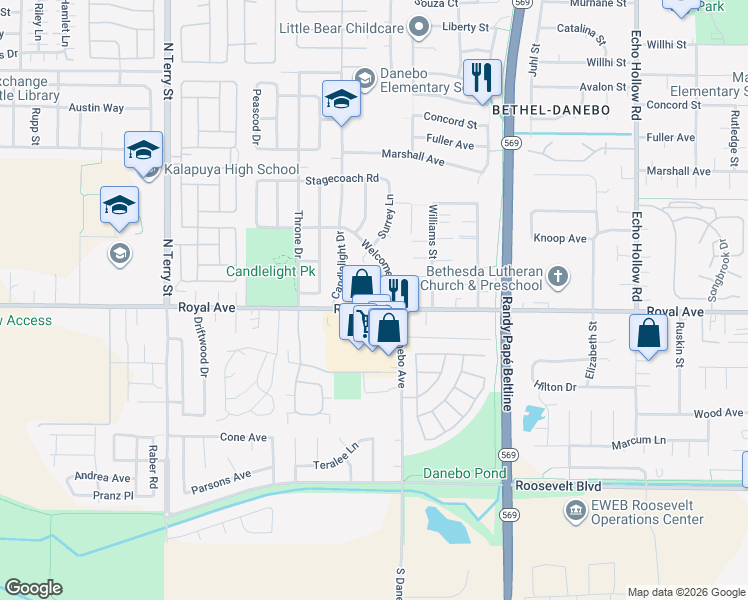 map of restaurants, bars, coffee shops, grocery stores, and more near 4717 Royal Avenue in Eugene