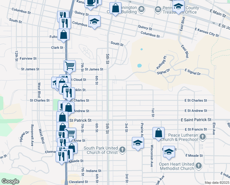 map of restaurants, bars, coffee shops, grocery stores, and more near 333 Franklin Street in Rapid City