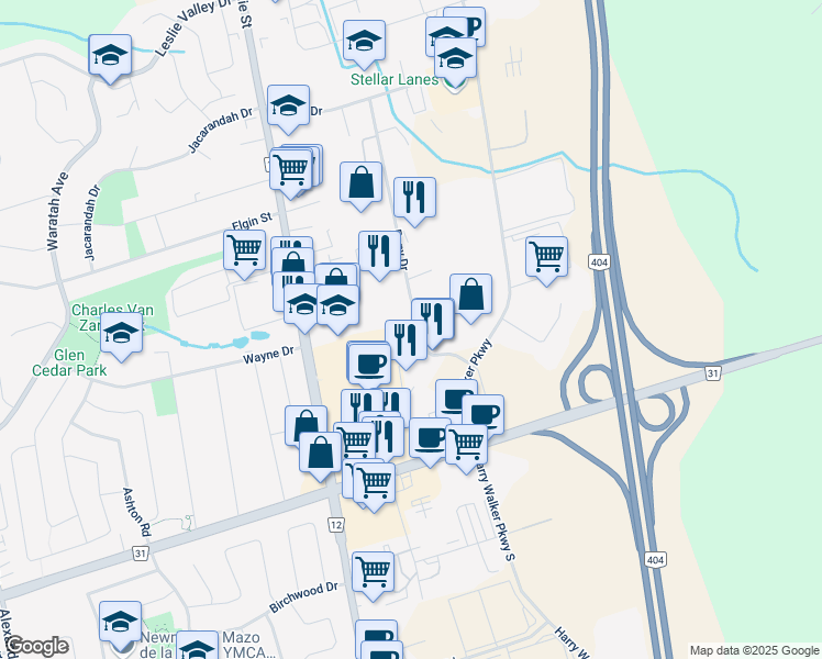 map of restaurants, bars, coffee shops, grocery stores, and more near 130 Pony Drive in Newmarket