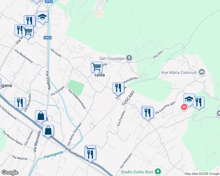 map of restaurants, bars, coffee shops, grocery stores, and more near 7 Via Fossone Basso in Isola
