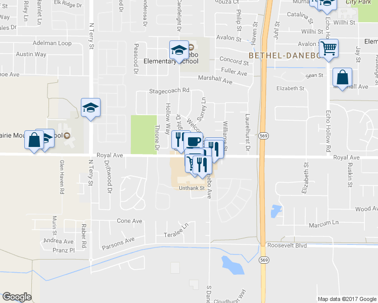 map of restaurants, bars, coffee shops, grocery stores, and more near 4787 Royal Avenue in Eugene