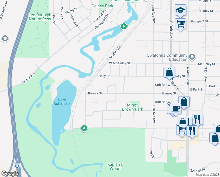 map of restaurants, bars, coffee shops, grocery stores, and more near 1490 Sunset Drive Southwest in Owatonna