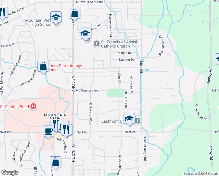 map of restaurants, bars, coffee shops, grocery stores, and more near 2051 Northeast Redbay Lane in Bend