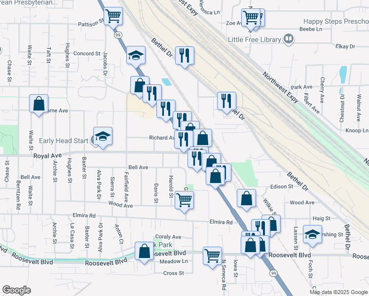 map of restaurants, bars, coffee shops, grocery stores, and more near 3048 Royal Avenue in Eugene