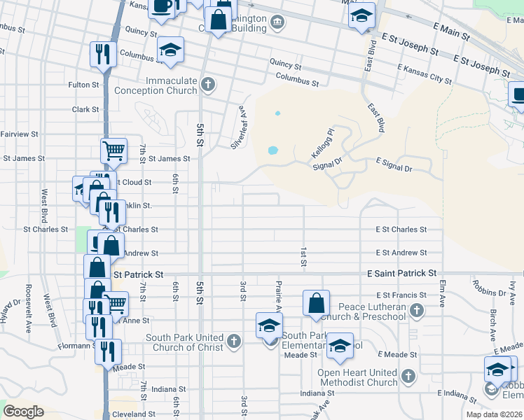 map of restaurants, bars, coffee shops, grocery stores, and more near 217 Franklin Street in Rapid City