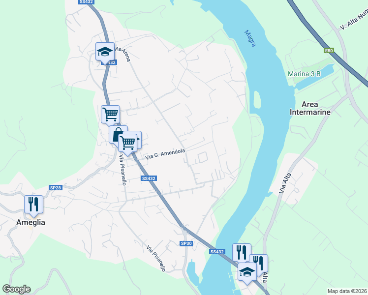map of restaurants, bars, coffee shops, grocery stores, and more near 25 Via Amendola in Ameglia