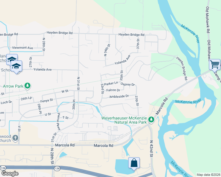 map of restaurants, bars, coffee shops, grocery stores, and more near 3392 Falcon Drive in Springfield