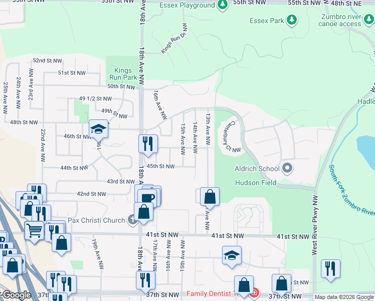 map of restaurants, bars, coffee shops, grocery stores, and more near 4515 15th Avenue Northwest in Rochester