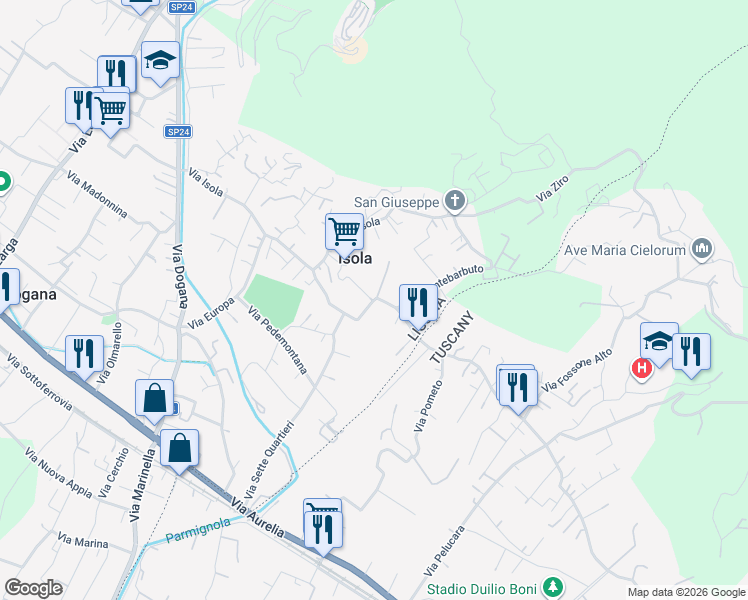 map of restaurants, bars, coffee shops, grocery stores, and more near 7 Via Fossone Basso in Isola