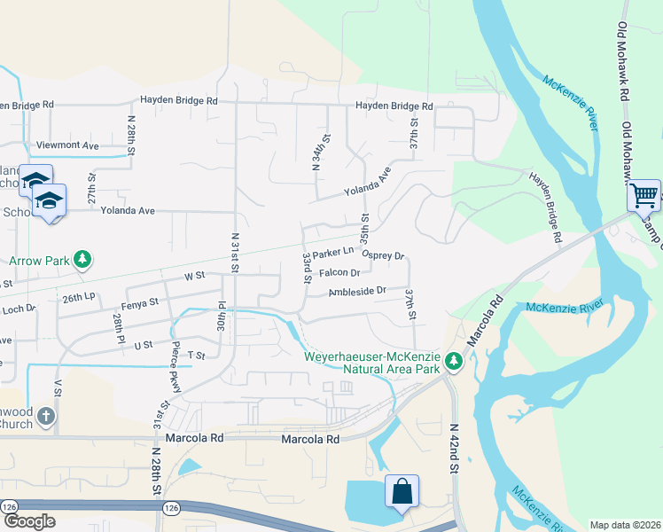 map of restaurants, bars, coffee shops, grocery stores, and more near 3392 Falcon Drive in Springfield