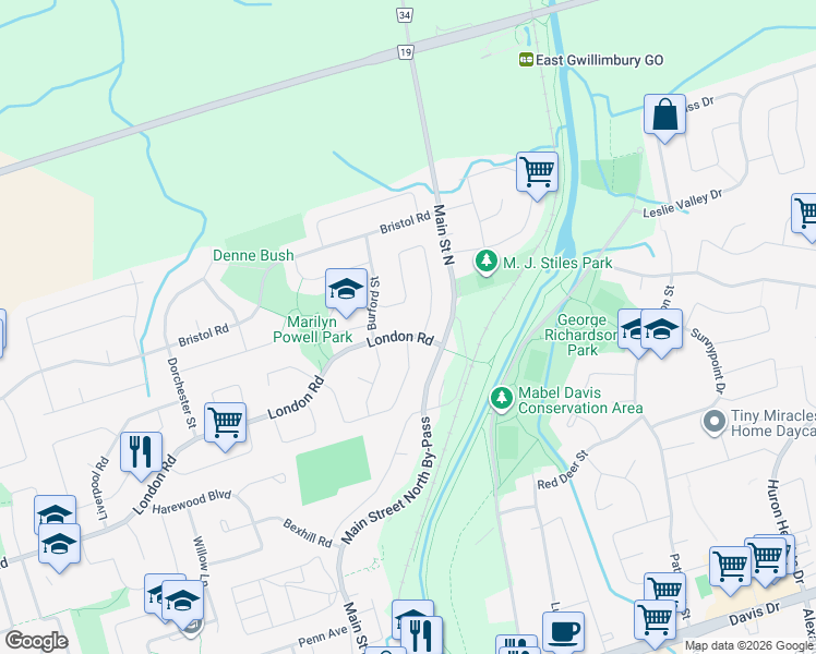 map of restaurants, bars, coffee shops, grocery stores, and more near 505 London Road in Newmarket