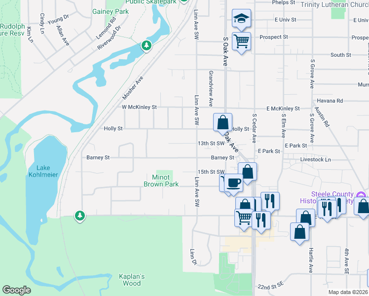 map of restaurants, bars, coffee shops, grocery stores, and more near 332 Barney Street in Owatonna