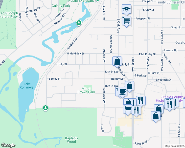 map of restaurants, bars, coffee shops, grocery stores, and more near 332 Barney Street in Owatonna