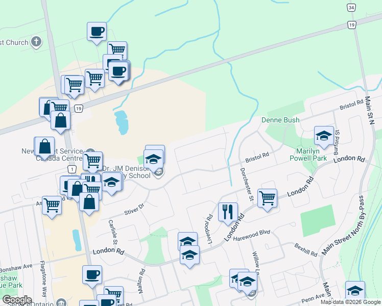 map of restaurants, bars, coffee shops, grocery stores, and more near 185 Bristol Road in Newmarket