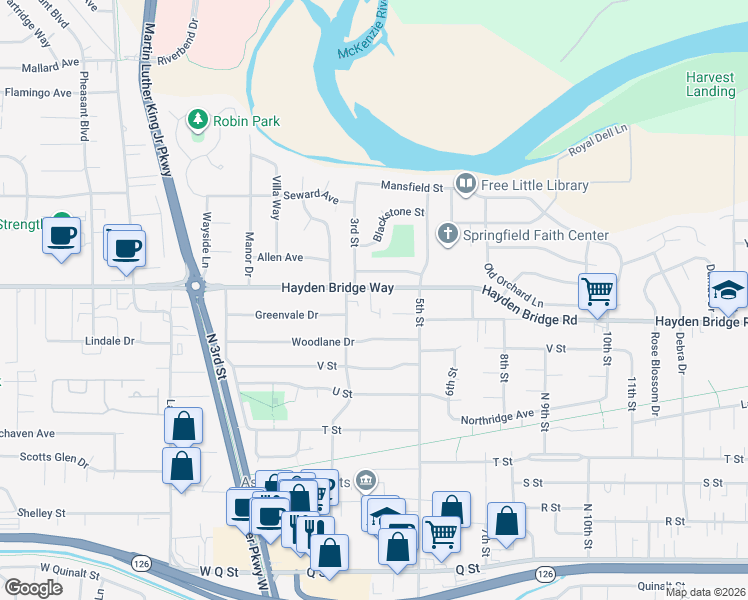 map of restaurants, bars, coffee shops, grocery stores, and more near 2396 Laralee Street in Springfield