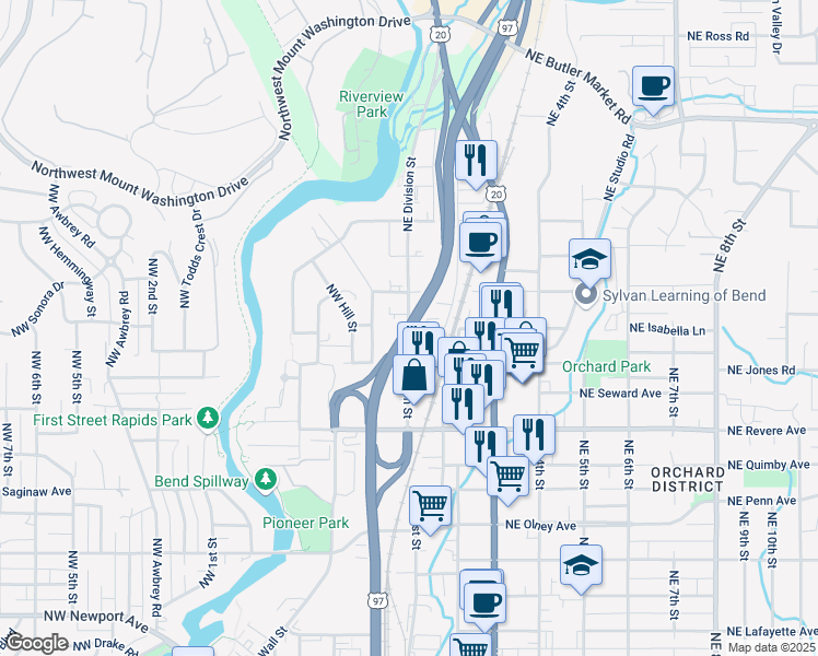 map of restaurants, bars, coffee shops, grocery stores, and more near Division Street in Bend
