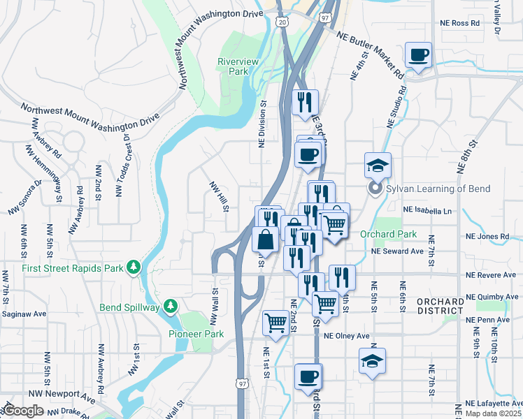 map of restaurants, bars, coffee shops, grocery stores, and more near 1875 Northeast Division Street in Bend