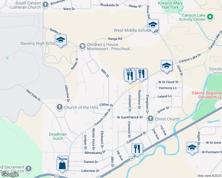 map of restaurants, bars, coffee shops, grocery stores, and more near 1636 38th Street in Rapid City