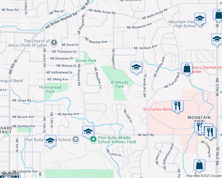 map of restaurants, bars, coffee shops, grocery stores, and more near 2043 Northeast Bluebird Court in Bend