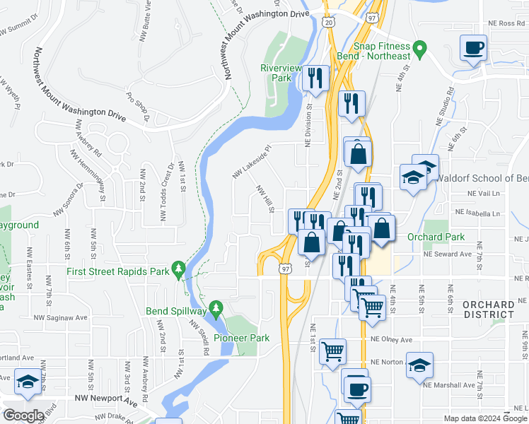 map of restaurants, bars, coffee shops, grocery stores, and more near 2018 Northwest Hill Street in Bend