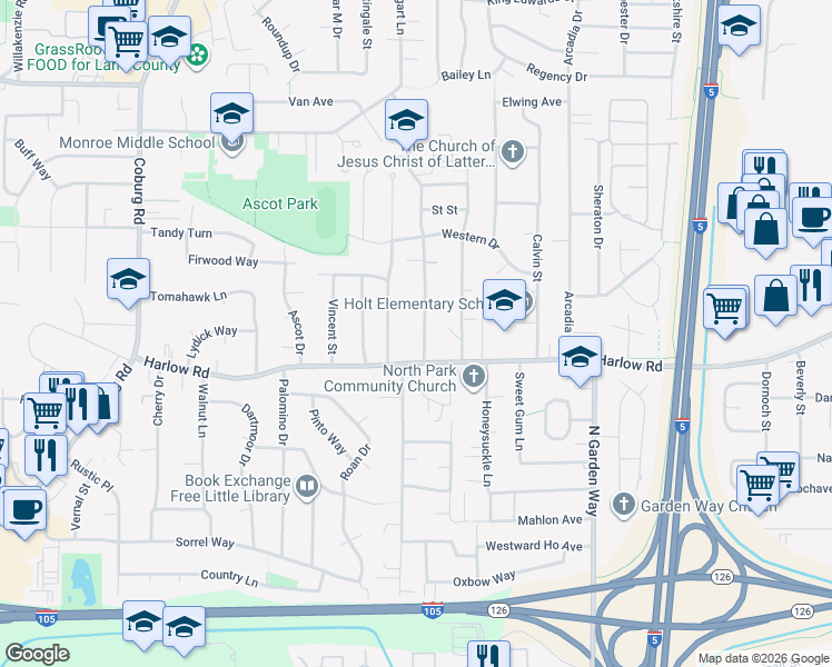 map of restaurants, bars, coffee shops, grocery stores, and more near 720 North Van Duyn Street in Eugene