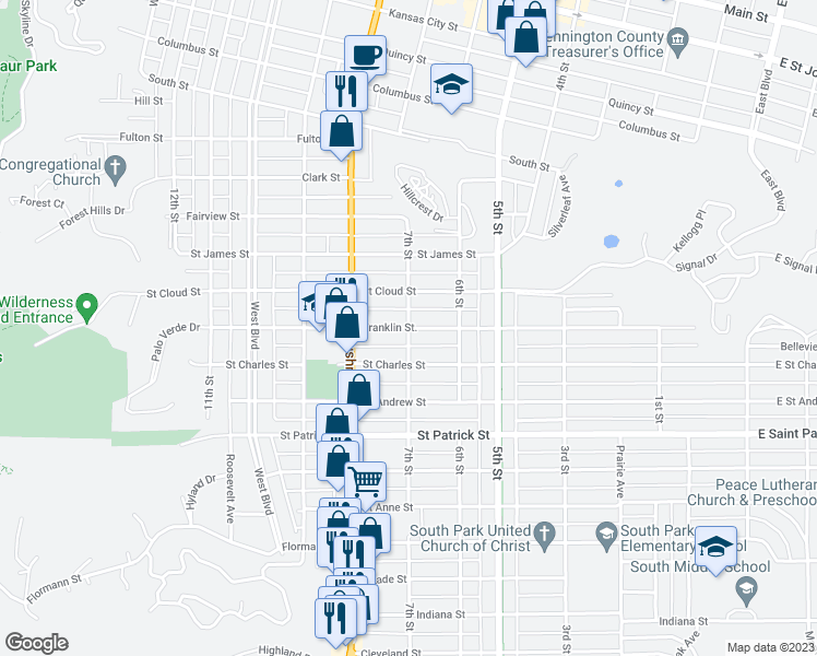 map of restaurants, bars, coffee shops, grocery stores, and more near 1600 7th Street in Rapid City