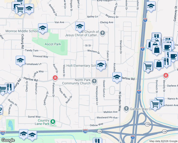 map of restaurants, bars, coffee shops, grocery stores, and more near 3467 Harlow Road in Eugene
