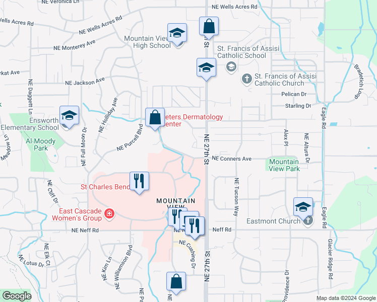 map of restaurants, bars, coffee shops, grocery stores, and more near 2501 Northeast Doctors Drive in Bend