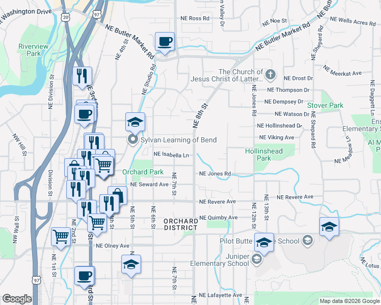 map of restaurants, bars, coffee shops, grocery stores, and more near 736 Northeast Innes Lane in Bend