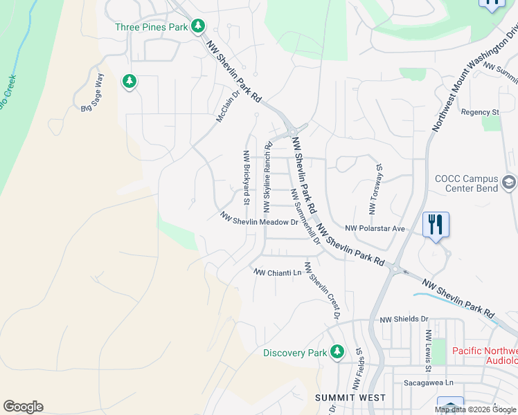 map of restaurants, bars, coffee shops, grocery stores, and more near 2381 Northwest Skyline Ranch Road in Bend