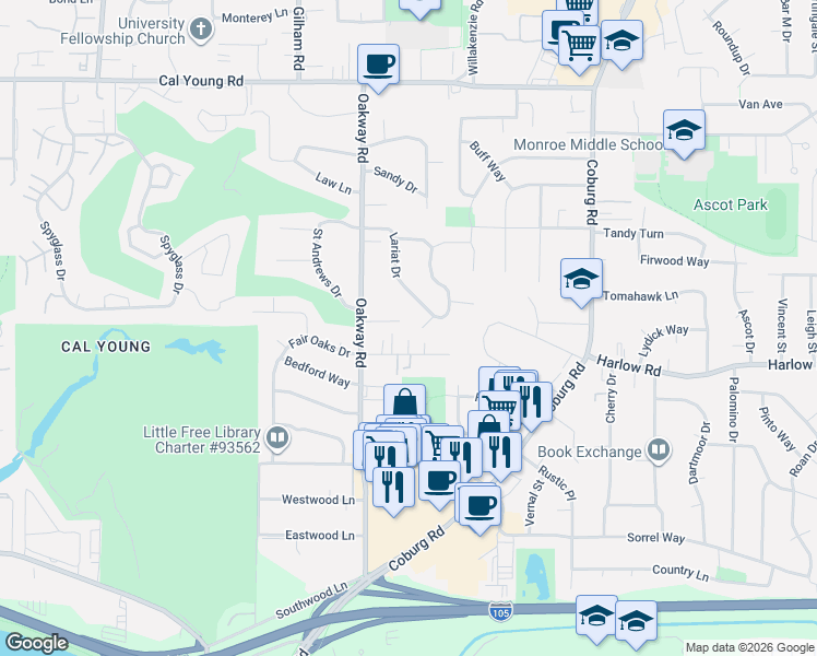 map of restaurants, bars, coffee shops, grocery stores, and more near 2297 Oakway Terrace in Eugene