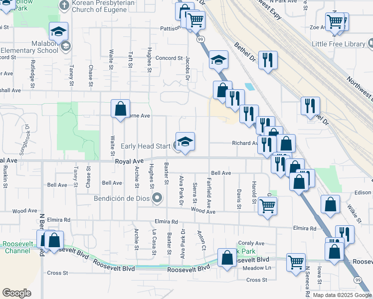 map of restaurants, bars, coffee shops, grocery stores, and more near 3455 Royal Avenue in Eugene
