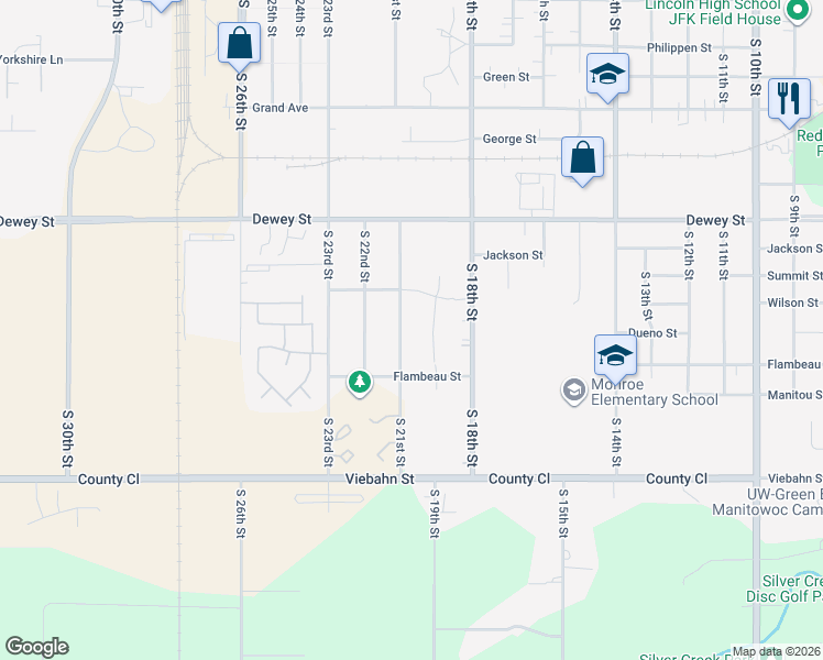 map of restaurants, bars, coffee shops, grocery stores, and more near 1902 Flambeau Street in Manitowoc