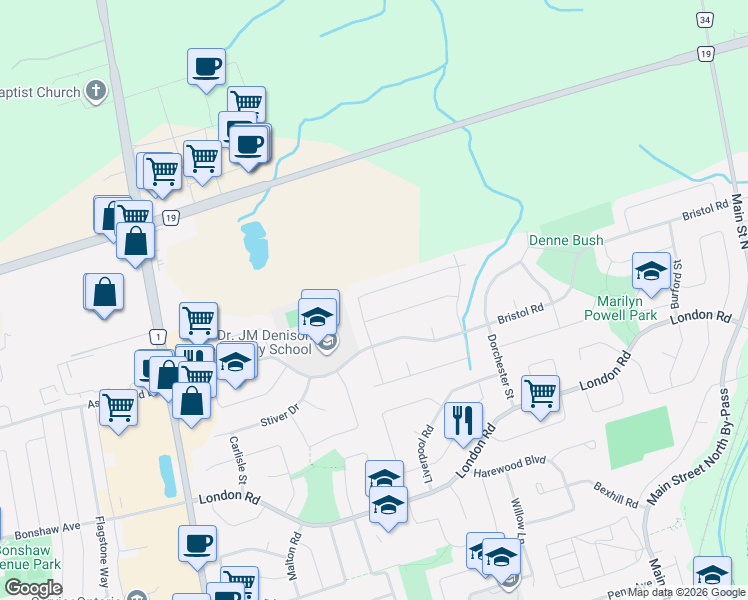 map of restaurants, bars, coffee shops, grocery stores, and more near 196 Billings Crescent in Newmarket