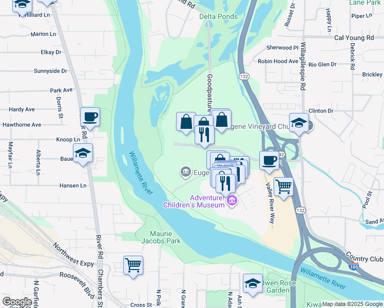 map of restaurants, bars, coffee shops, grocery stores, and more near 1400 Executive Parkway in Eugene