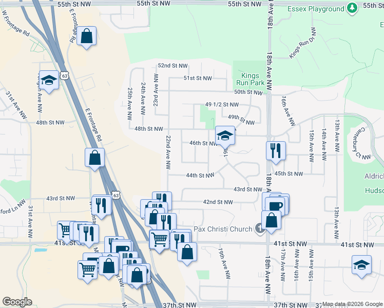 map of restaurants, bars, coffee shops, grocery stores, and more near 2140 45th Street Northwest in Rochester