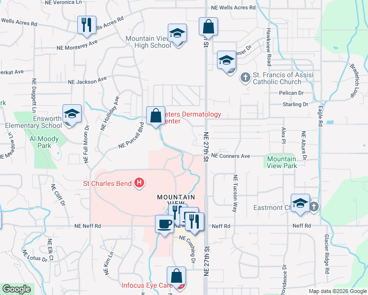map of restaurants, bars, coffee shops, grocery stores, and more near 2508 Northeast Conners Avenue in Bend