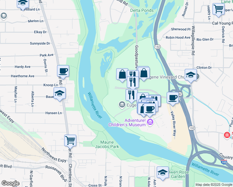 map of restaurants, bars, coffee shops, grocery stores, and more near 1600 Executive Parkway in Eugene