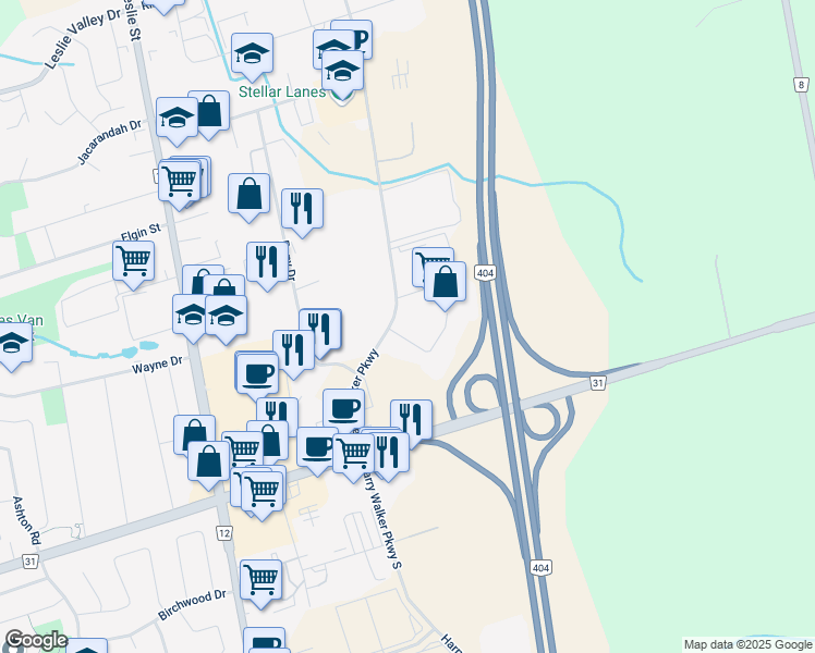 map of restaurants, bars, coffee shops, grocery stores, and more near 1201 Journey's End Circle in Newmarket