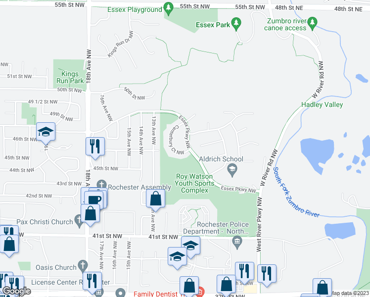 map of restaurants, bars, coffee shops, grocery stores, and more near 4608 Canterbury Court Northwest in Rochester