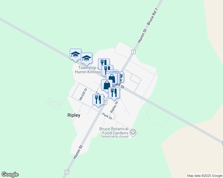 map of restaurants, bars, coffee shops, grocery stores, and more near 75 Huron Street in Huron-Kinloss