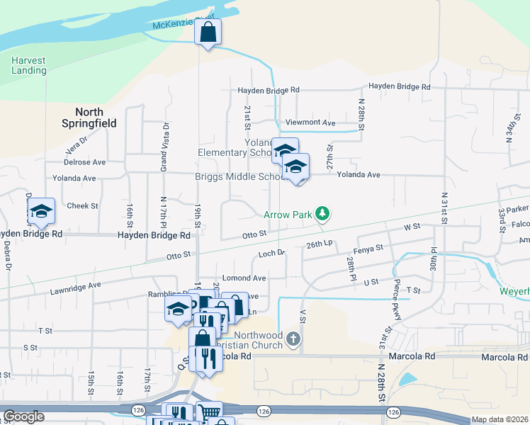 map of restaurants, bars, coffee shops, grocery stores, and more near 2368 Corral Drive in Springfield