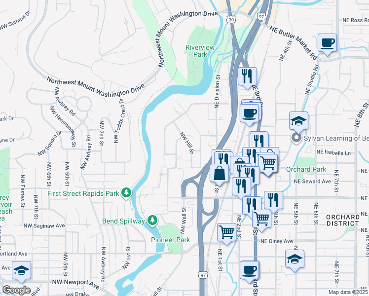 map of restaurants, bars, coffee shops, grocery stores, and more near 2018 Northwest Hill Street in Bend