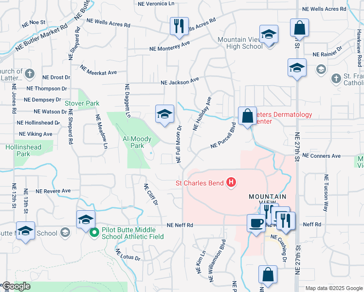 map of restaurants, bars, coffee shops, grocery stores, and more near 2061 Northeast York Circle in Bend