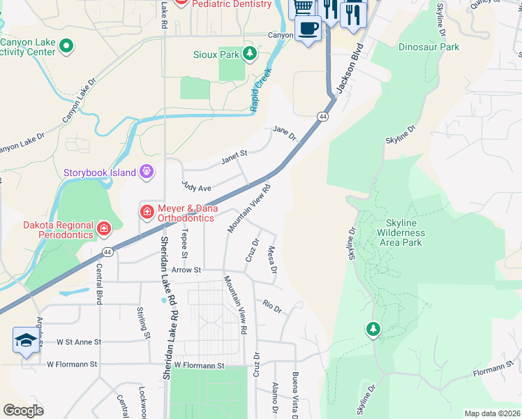 map of restaurants, bars, coffee shops, grocery stores, and more near 1600 Mountain View Road in Rapid City