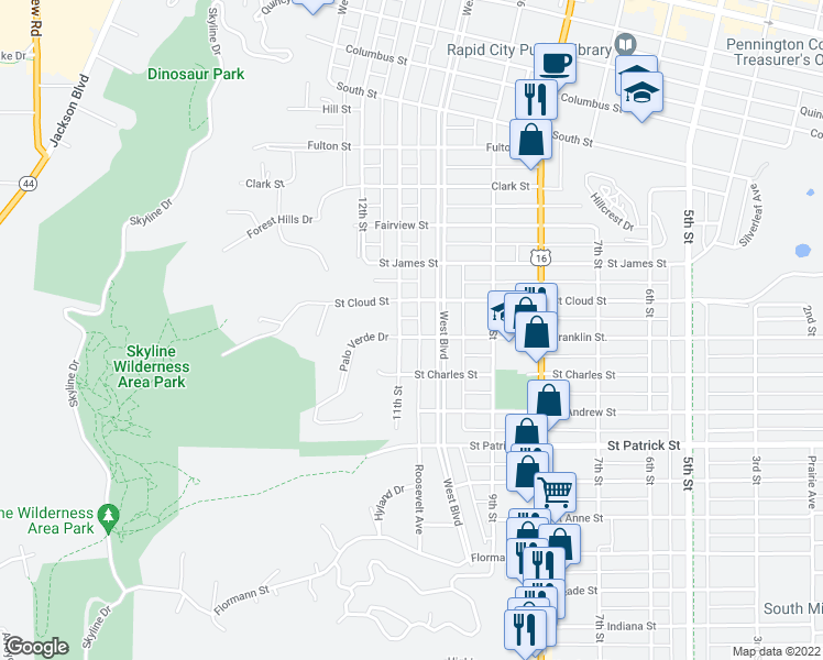 map of restaurants, bars, coffee shops, grocery stores, and more near 1526 11th Street in Rapid City